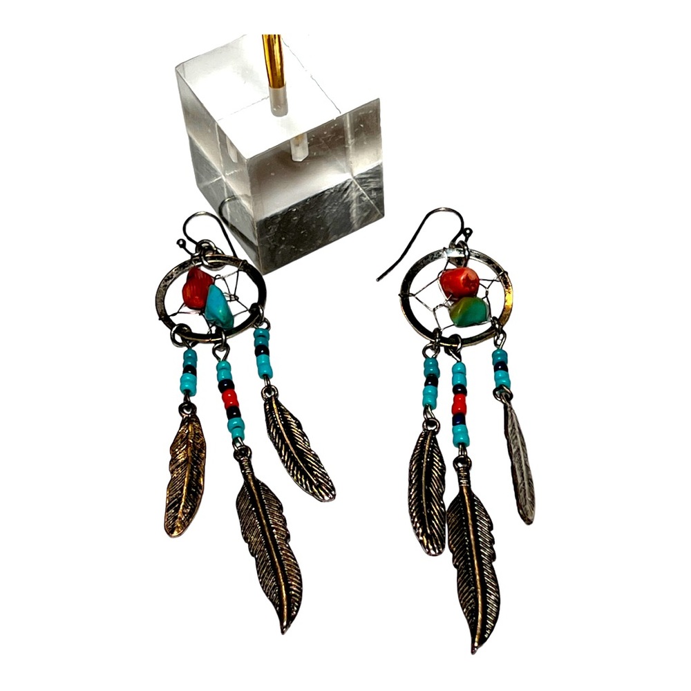 Oxidized silver tone dream catcher inspired dangling earrings
